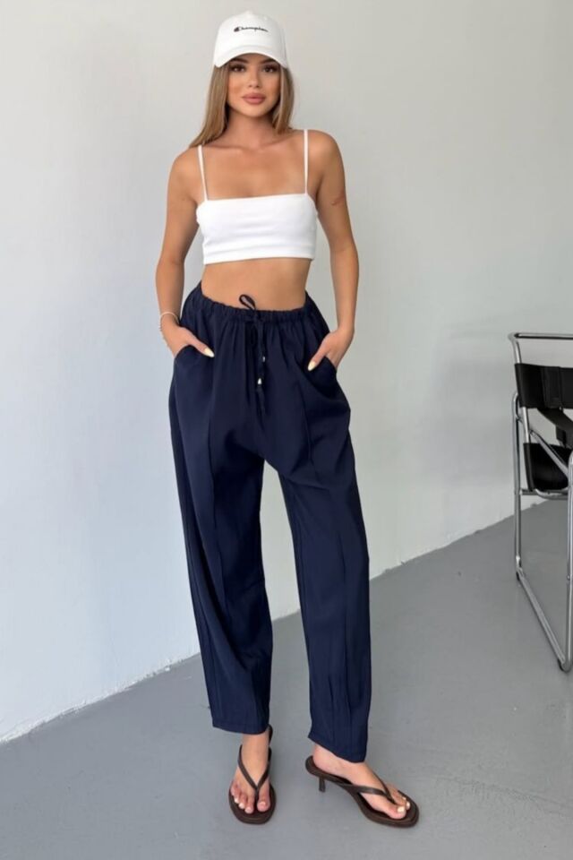 Feela Moda Kadın Modal Cupra Beli Lastikli Çımalı Şalvar Pantolon 2019 36 - Lacivert