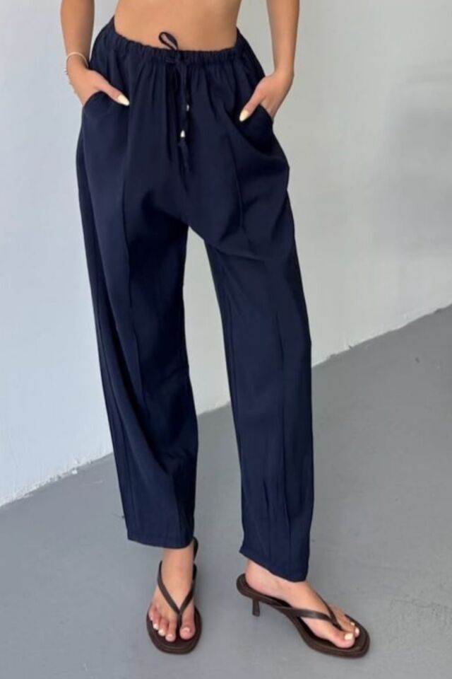 Feela Moda Kadın Modal Cupra Beli Lastikli Çımalı Şalvar Pantolon 2019 36 - Lacivert