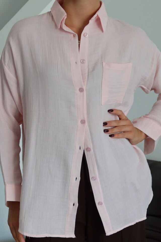 Balenbi Kadın Cepli Oversize Düz Renk Müslin Gömlek 1095 Pembe - XL