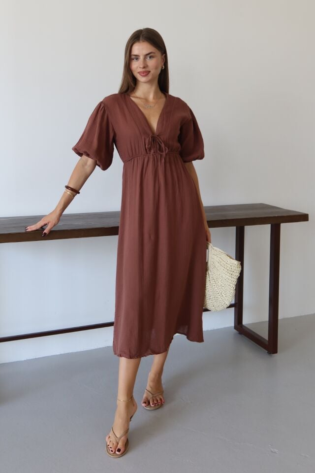 Balenbi Kadın Hafif Transparan Basic Önden Bağlamalı Müslin Elbise 1105 L - Kahverengi