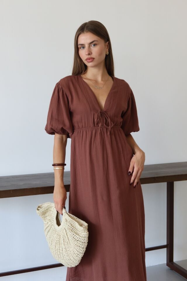 Balenbi Kadın Hafif Transparan Basic Önden Bağlamalı Müslin Elbise 1105 L - Kahverengi