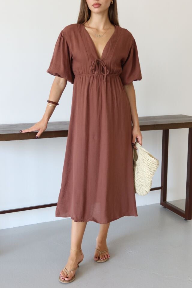 Balenbi Kadın Hafif Transparan Basic Önden Bağlamalı Müslin Elbise 1105 L - Kahverengi