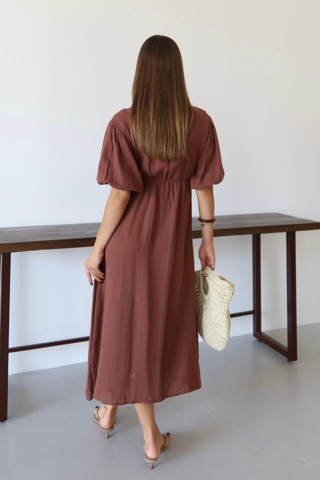 Balenbi Kadın Hafif Transparan Basic Önden Bağlamalı Müslin Elbise 1105 L - Kahverengi