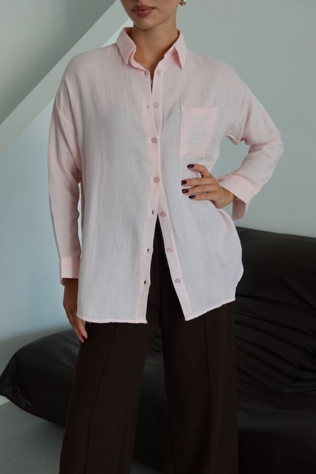 Balenbi Kadın Cepli Oversize Düz Renk Müslin Gömlek 1095 XL - Pembe