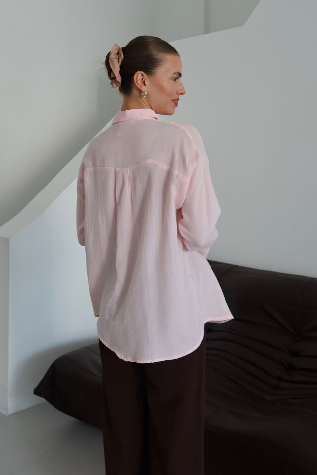 Balenbi Kadın Cepli Oversize Düz Renk Müslin Gömlek 1095 XL - Pembe