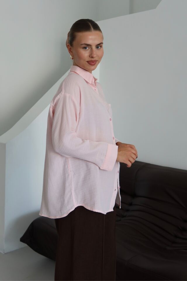 Balenbi Kadın Cepli Oversize Düz Renk Müslin Gömlek 1095 XL - Pembe