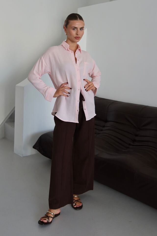Balenbi Kadın Cepli Oversize Düz Renk Müslin Gömlek 1095 XL - Pembe