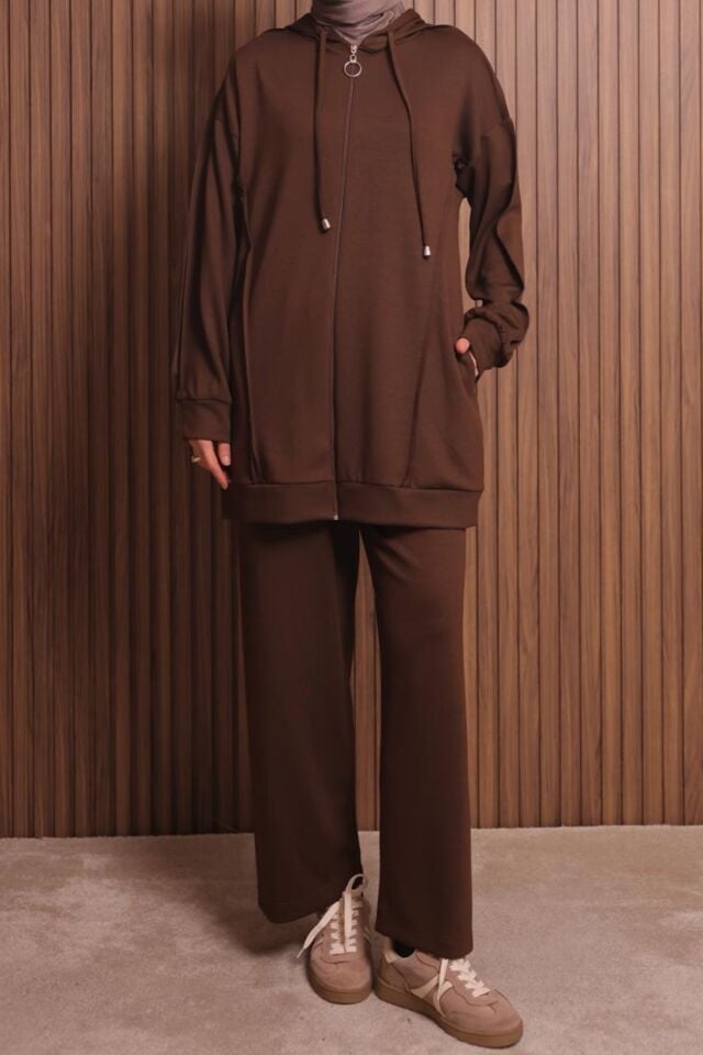 Balenbi Kadın Modal Kumaş Oversize Kapüşonlu Tesettür Takım 1132 XL - Kahverengi