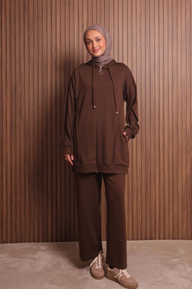 Balenbi Kadın Modal Kumaş Oversize Kapüşonlu Tesettür Takım 1132 XL - Kahverengi