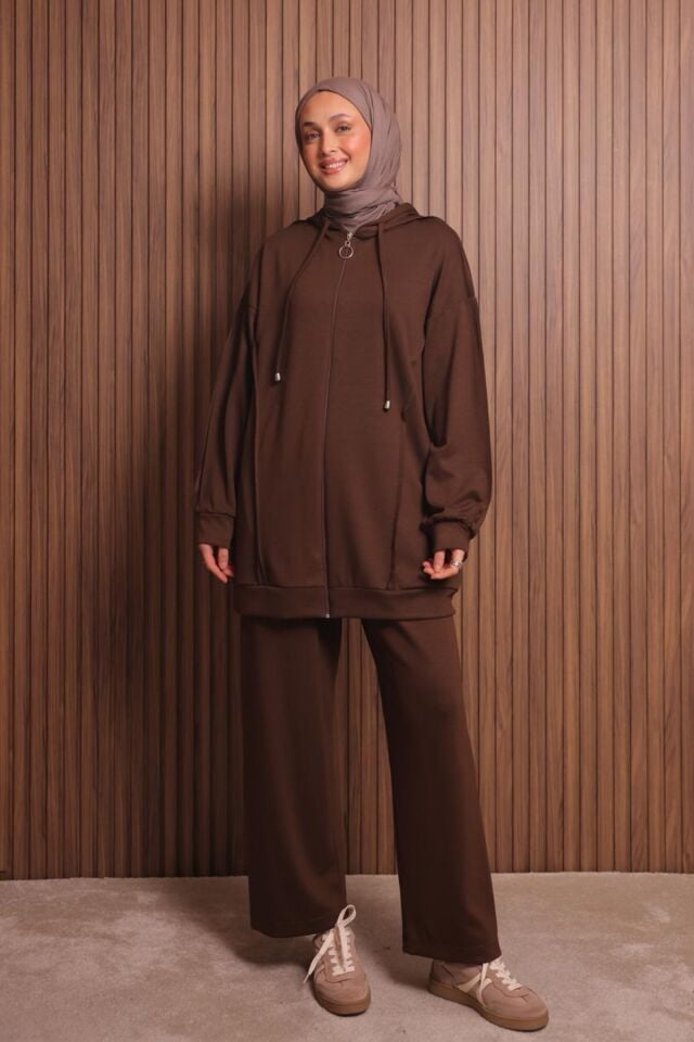 Balenbi Kadın Modal Kumaş Oversize Kapüşonlu Tesettür Takım 1132 XL - Kahverengi
