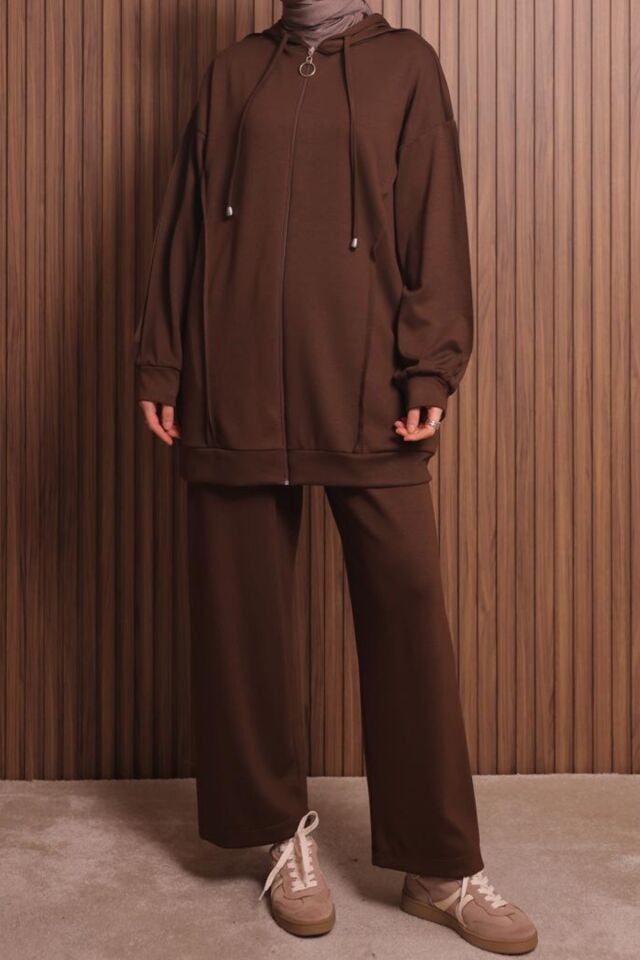 Balenbi Kadın Modal Kumaş Oversize Kapüşonlu Tesettür Takım 1132 XL - Kahverengi