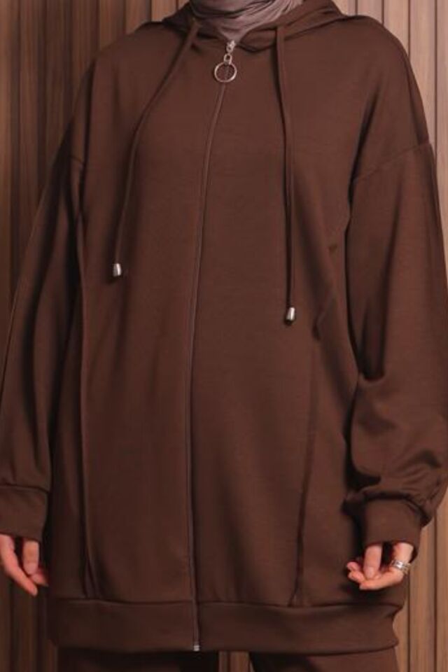 Balenbi Kadın Modal Kumaş Oversize Kapüşonlu Tesettür Takım 1132 XL - Kahverengi