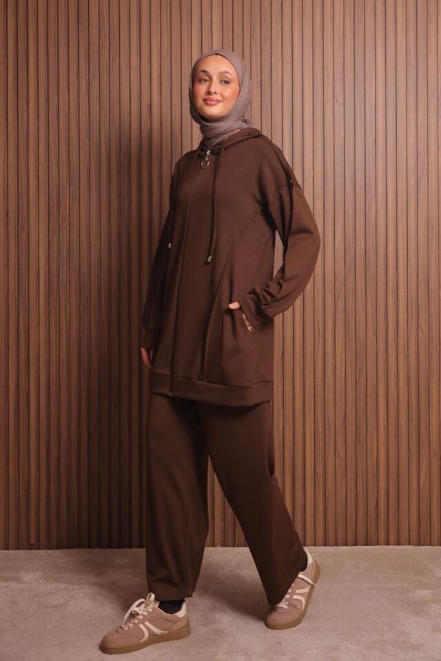 Balenbi Kadın Modal Kumaş Oversize Kapüşonlu Tesettür Takım 1132 XL - Kahverengi