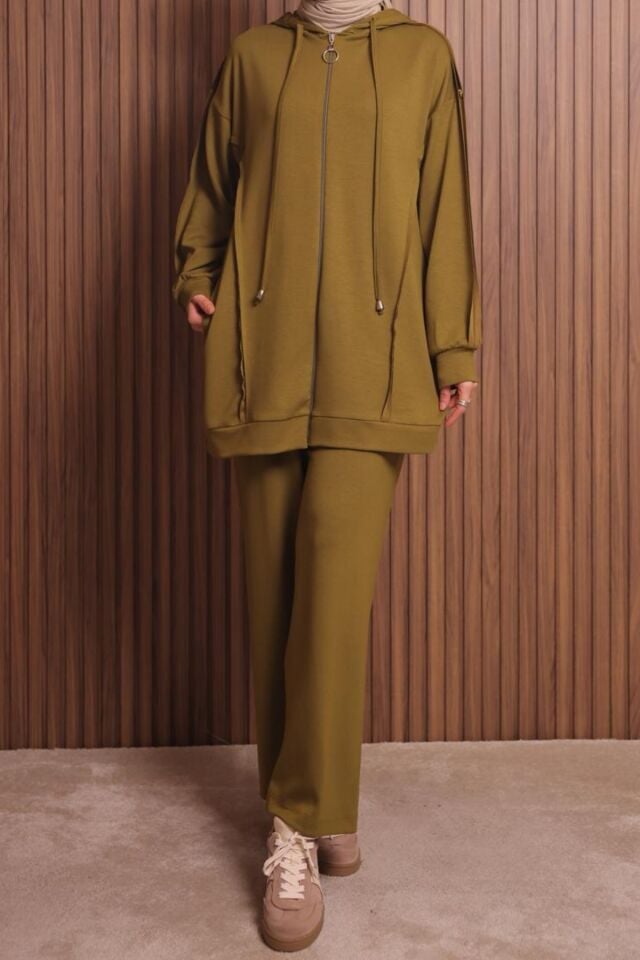 Balenbi Kadın Modal Kumaş Oversize Kapüşonlu Tesettür Takım 1132 XL - Oliv