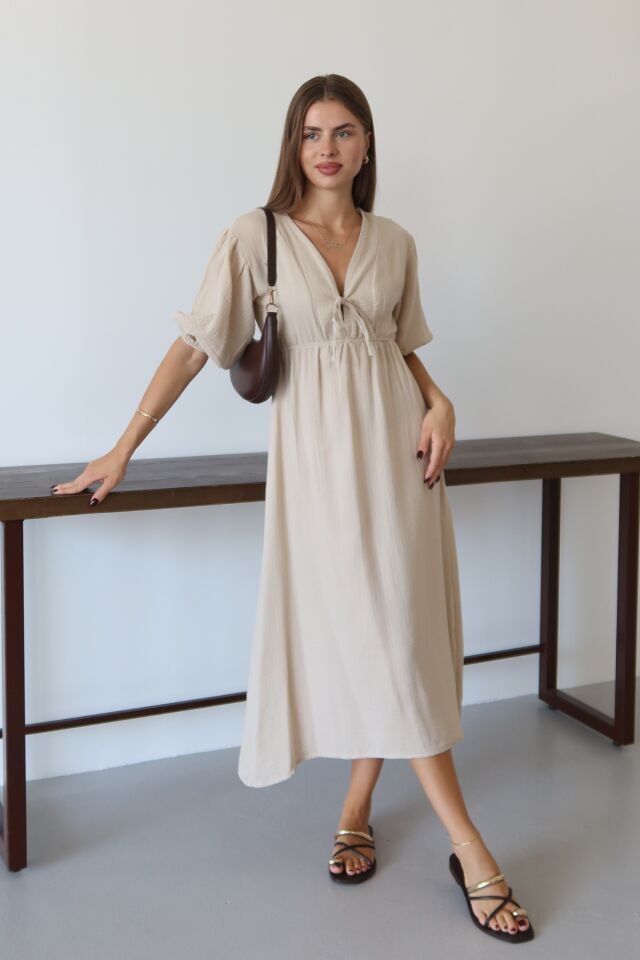 Balenbi Kadın Hafif Transparan Basic Önden Bağlamalı Müslin Elbise 1105 Bej - M