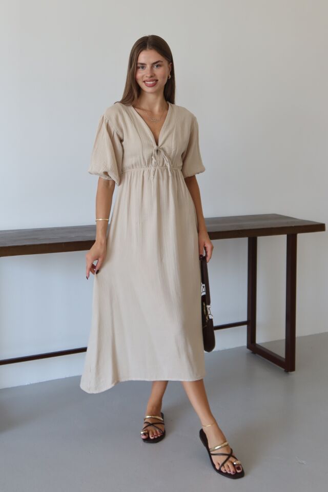 Balenbi Kadın Hafif Transparan Basic Önden Bağlamalı Müslin Elbise 1105 Bej - M