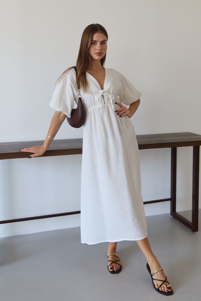 Balenbi Kadın Hafif Transparan Basic Önden Bağlamalı Müslin Elbise 1105 M - Beyaz