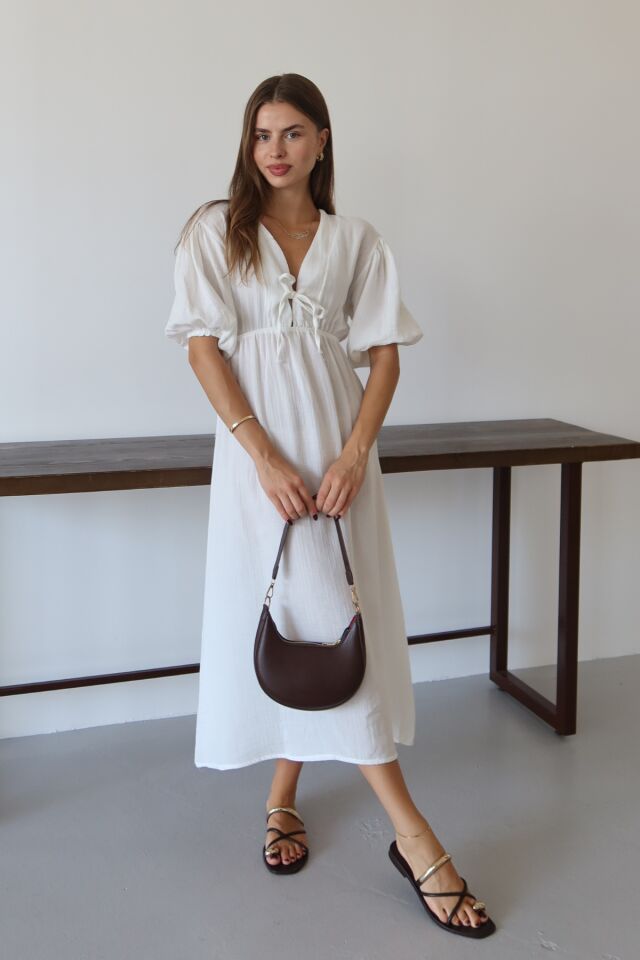 Balenbi Kadın Hafif Transparan Basic Önden Bağlamalı Müslin Elbise 1105 M - Beyaz