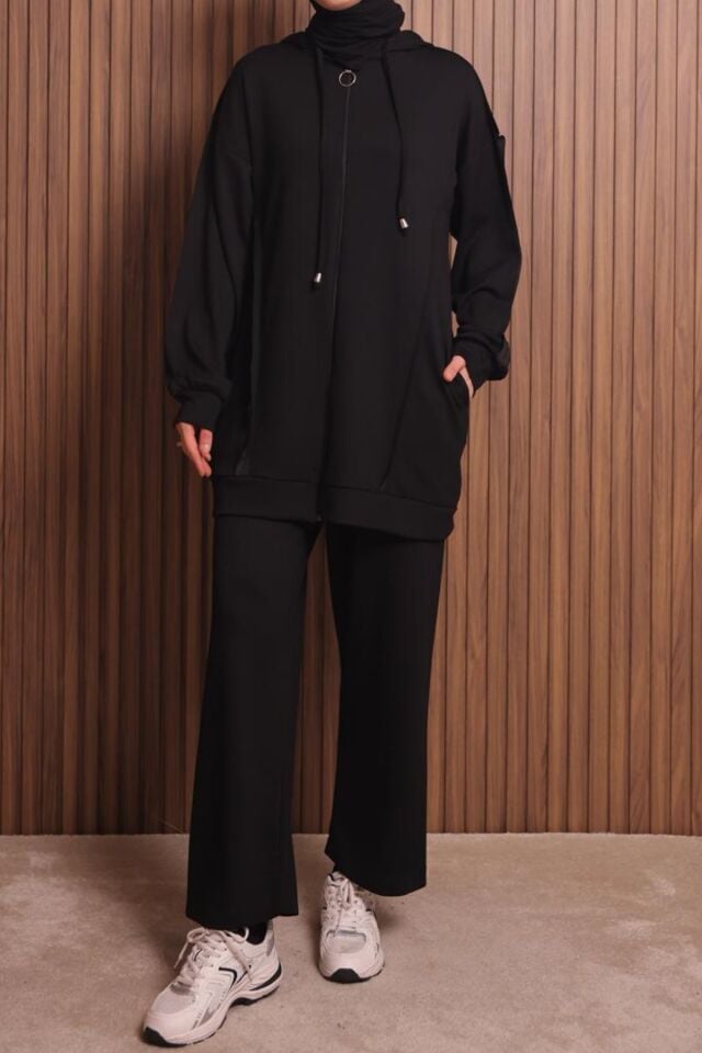 Balenbi Kadın Modal Kumaş Oversize Kapüşonlu Tesettür Takım 1132 XL - Siyah
