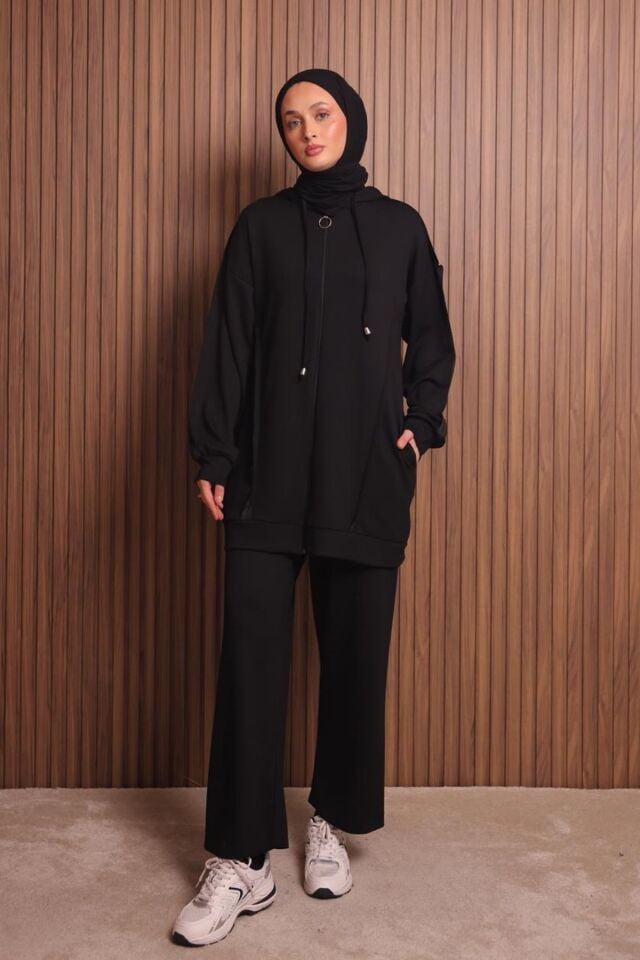 Balenbi Kadın Modal Kumaş Oversize Kapüşonlu Tesettür Takım 1132 XL - Siyah