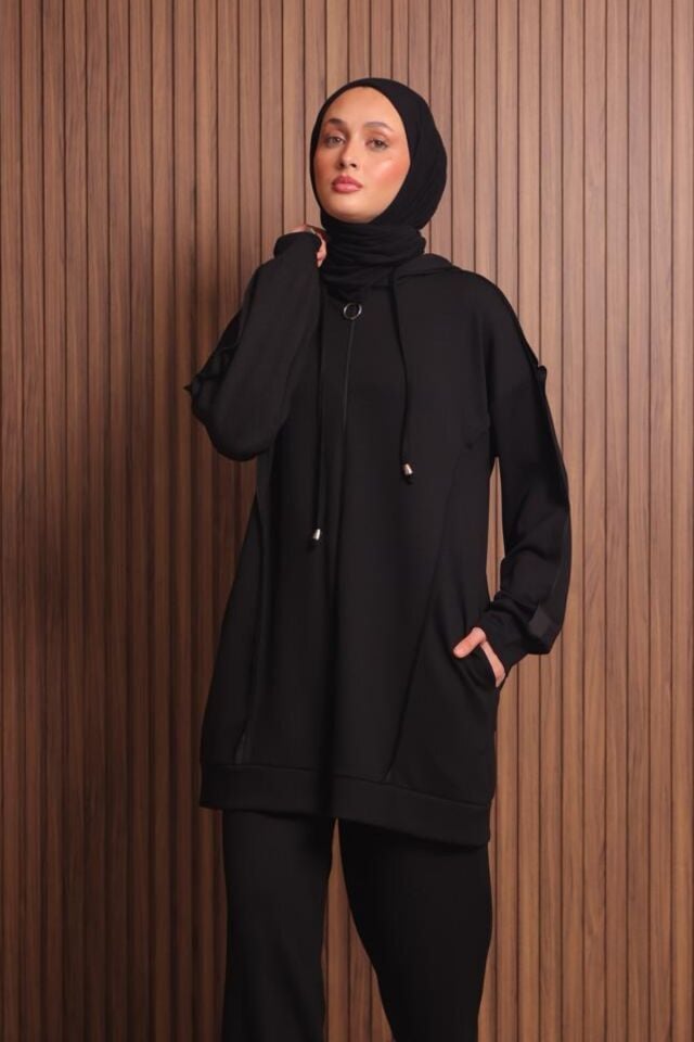 Balenbi Kadın Modal Kumaş Oversize Kapüşonlu Tesettür Takım 1132 XL - Siyah
