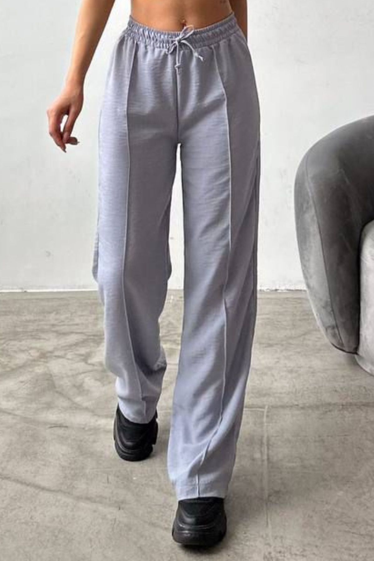 Balenbi Kadın Beli Lastikli Palazzo Yazlık Keten Pantolon 1094 38 - Gri