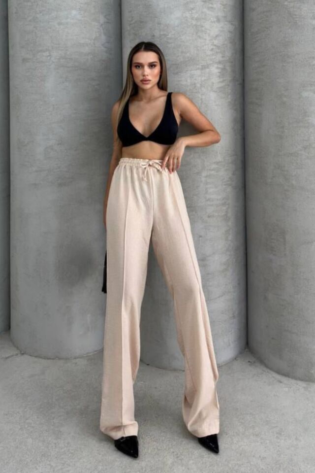 Balenbi Kadın Beli Lastikli Palazzo Yazlık Keten Pantolon 1094 40 - Bej