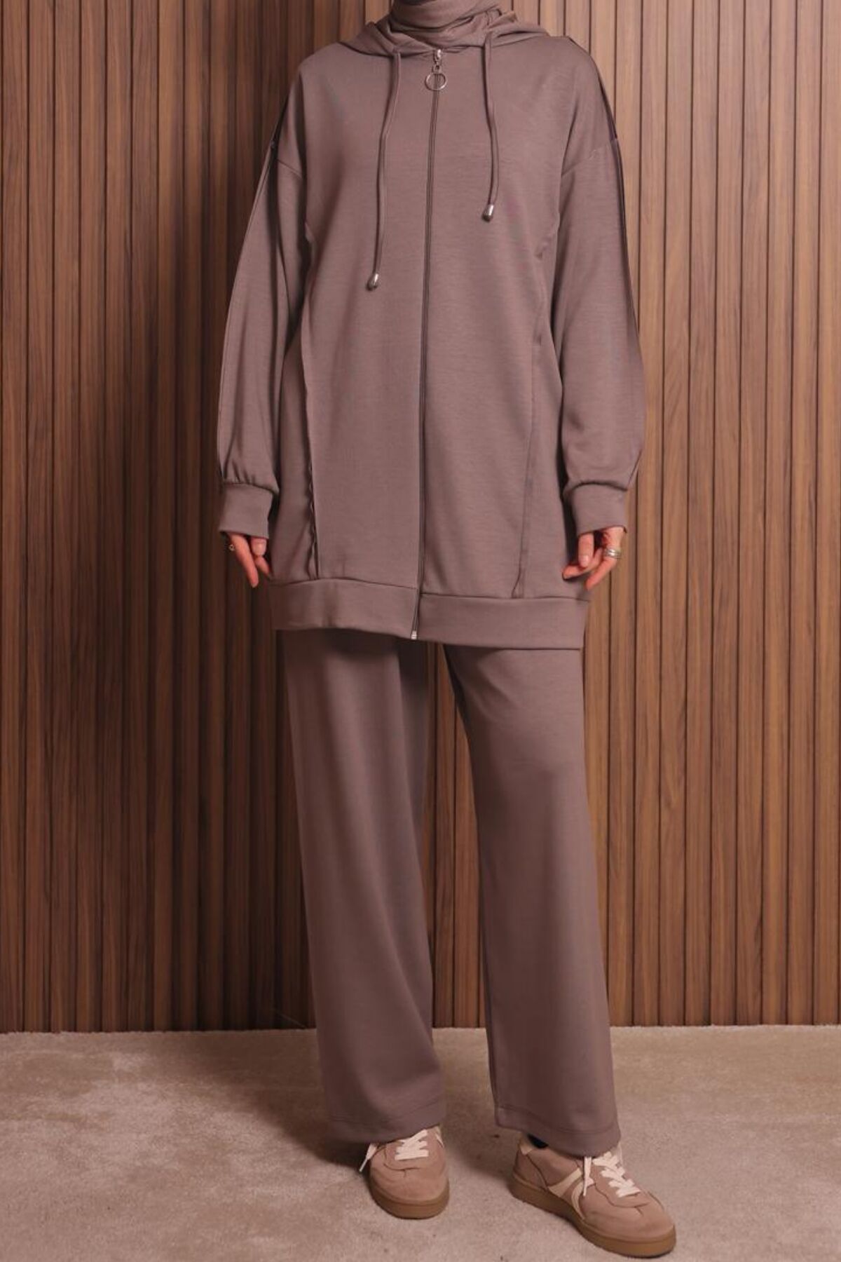 Balenbi Kadın Modal Kumaş Oversize Kapüşonlu Tesettür Takım 1132 XL - Toprak