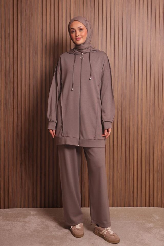 Balenbi Kadın Modal Kumaş Oversize Kapüşonlu Tesettür Takım 1132 XL - Toprak