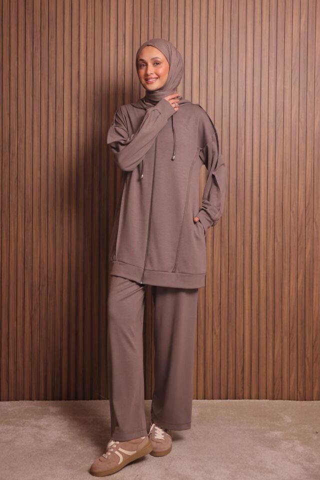 Balenbi Kadın Modal Kumaş Oversize Kapüşonlu Tesettür Takım 1132 XL - Toprak