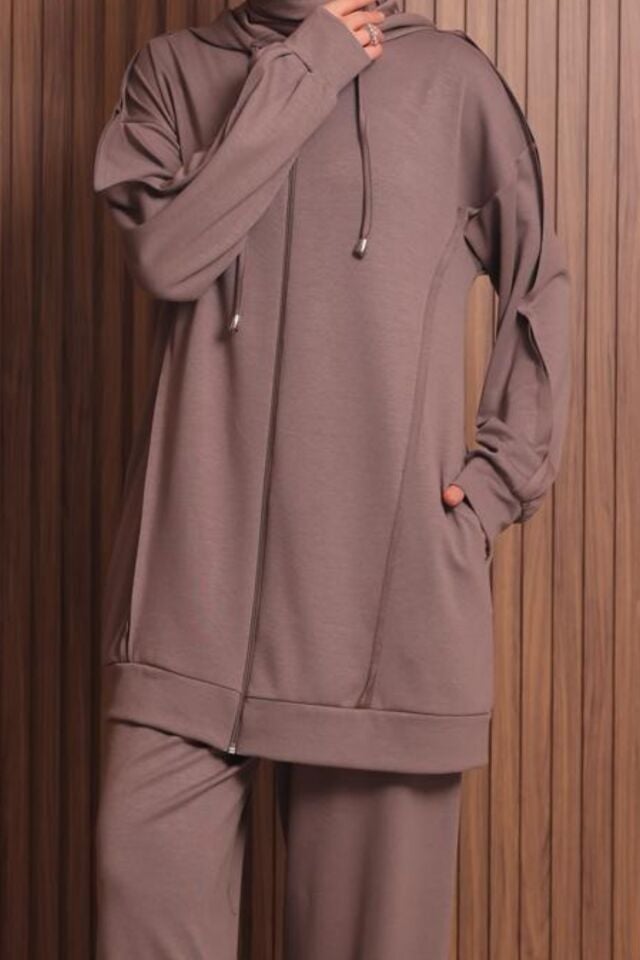 Balenbi Kadın Modal Kumaş Oversize Kapüşonlu Tesettür Takım 1132 XL - Toprak