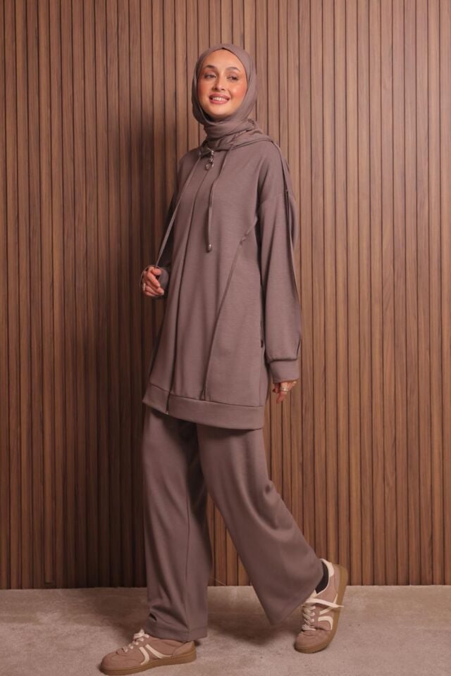 Balenbi Kadın Modal Kumaş Oversize Kapüşonlu Tesettür Takım 1132 XL - Toprak