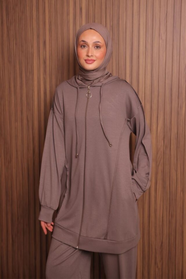 Balenbi Kadın Modal Kumaş Oversize Kapüşonlu Tesettür Takım 1132 XL - Toprak