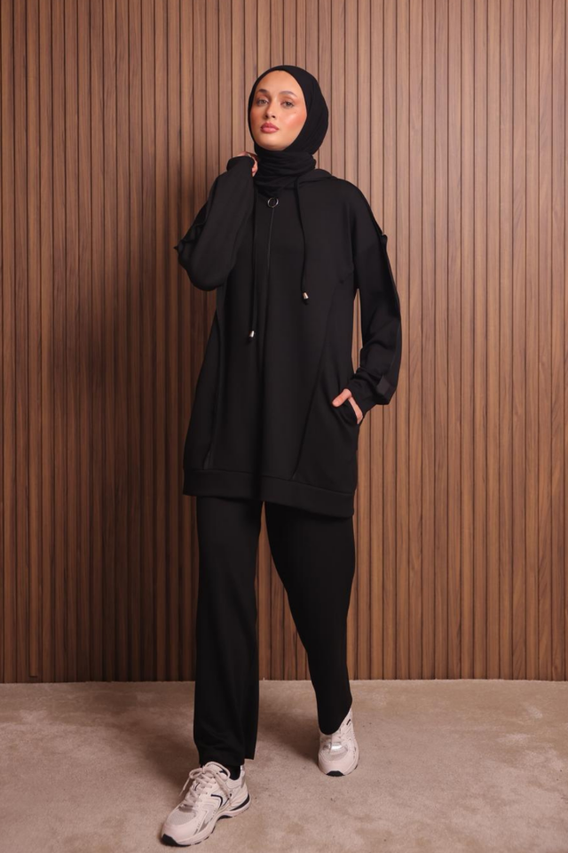 Balenbi Kadın Modal Kumaş Oversize Kapüşonlu Tesettür Takım 1132 2XL - Siyah