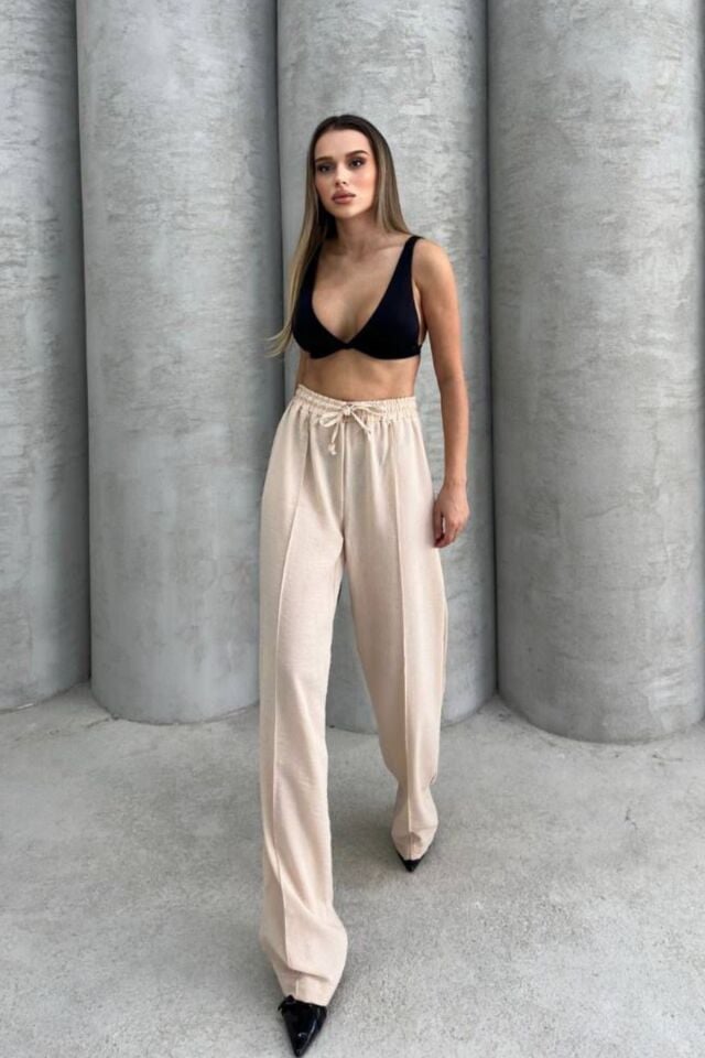 Balenbi Kadın Beli Lastikli Palazzo Yazlık Keten Pantolon 1094 42 - Bej