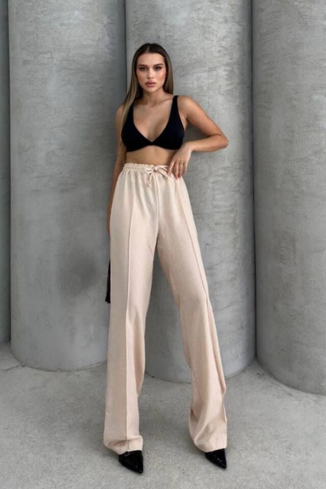 Balenbi Kadın Beli Lastikli Palazzo Yazlık Keten Pantolon 1094 Bej - 42