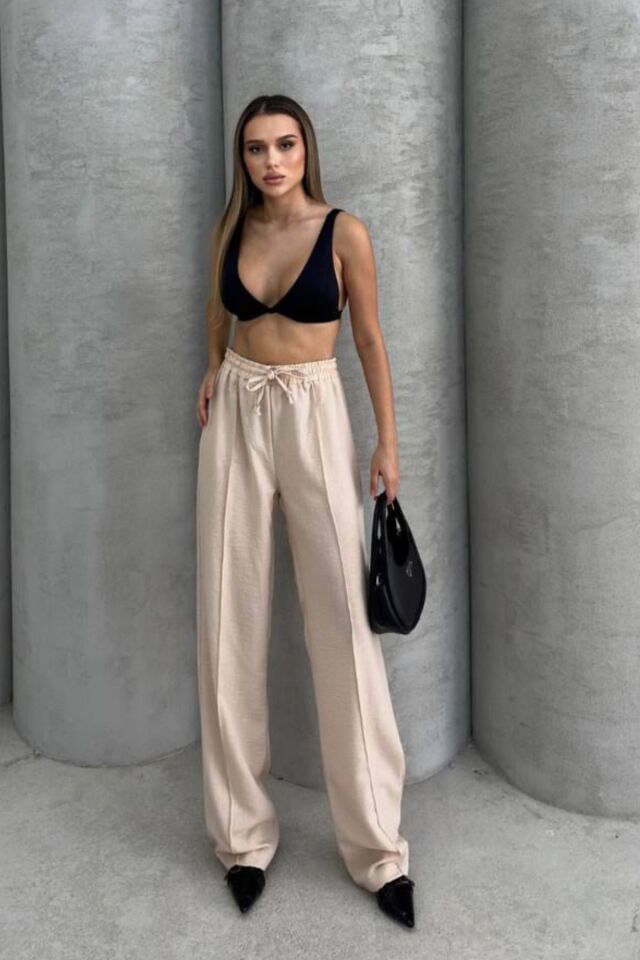 Balenbi Kadın Beli Lastikli Palazzo Yazlık Keten Pantolon 1094 42 - Bej