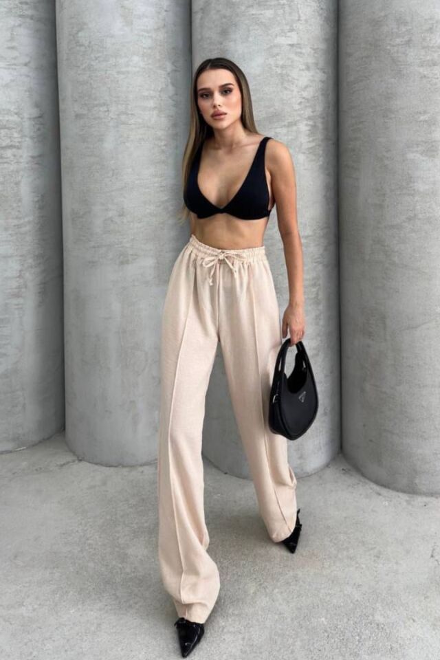 Balenbi Kadın Beli Lastikli Palazzo Yazlık Keten Pantolon 1094 42 - Bej
