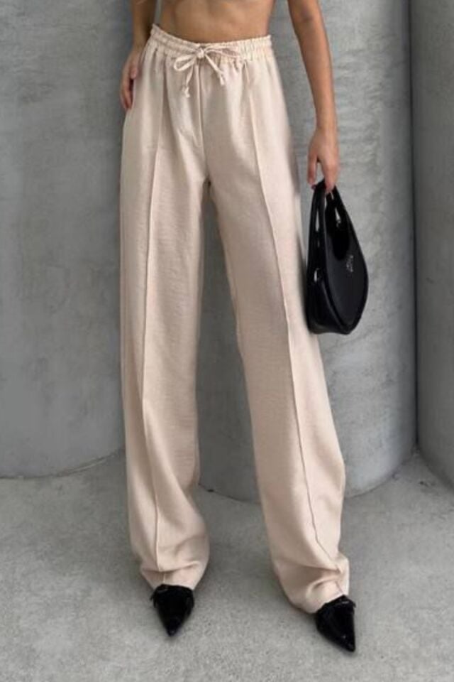 Balenbi Kadın Beli Lastikli Palazzo Yazlık Keten Pantolon 1094 Bej - 42