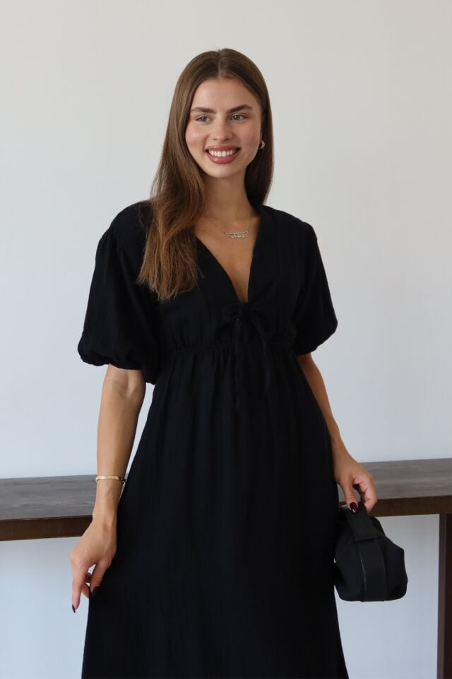 Balenbi Kadın Hafif Transparan Basic Önden Bağlamalı Müslin Elbise 1105 Siyah - M