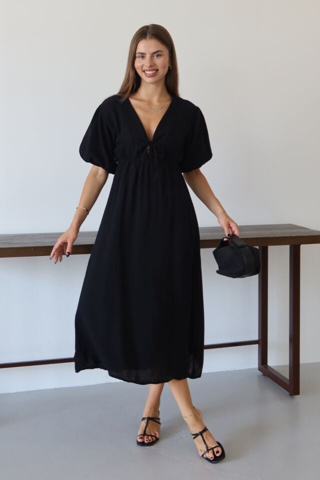 Balenbi Kadın Hafif Transparan Basic Önden Bağlamalı Müslin Elbise 1105 Siyah - M