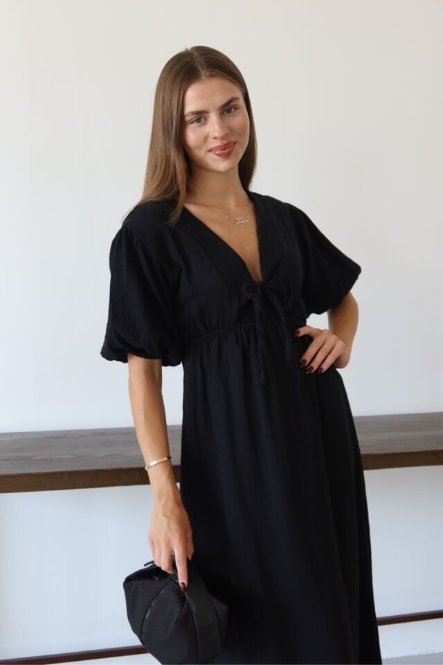 Balenbi Kadın Hafif Transparan Basic Önden Bağlamalı Müslin Elbise 1105 M - Siyah