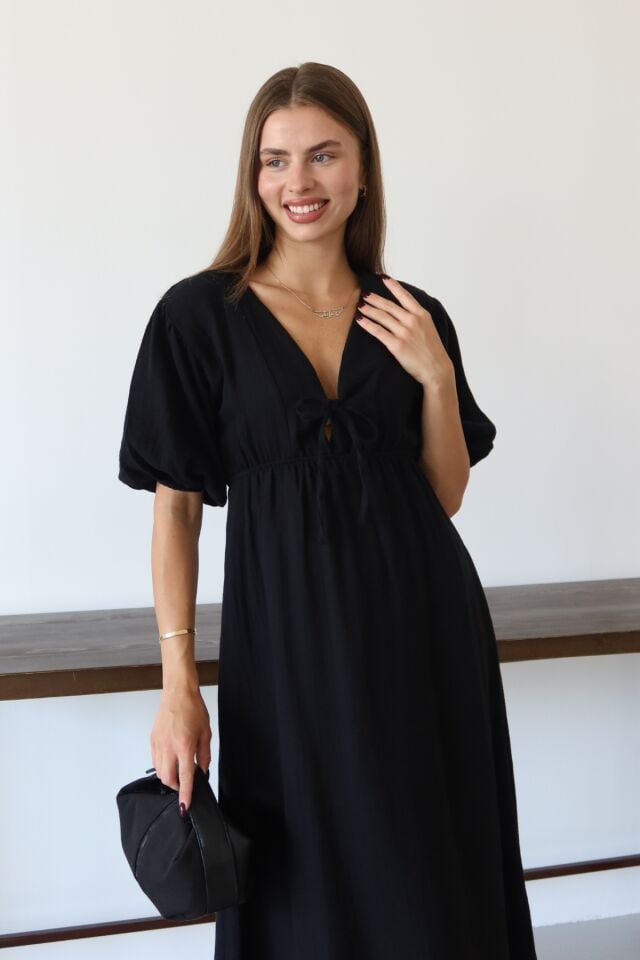 Balenbi Kadın Hafif Transparan Basic Önden Bağlamalı Müslin Elbise 1105 M - Siyah