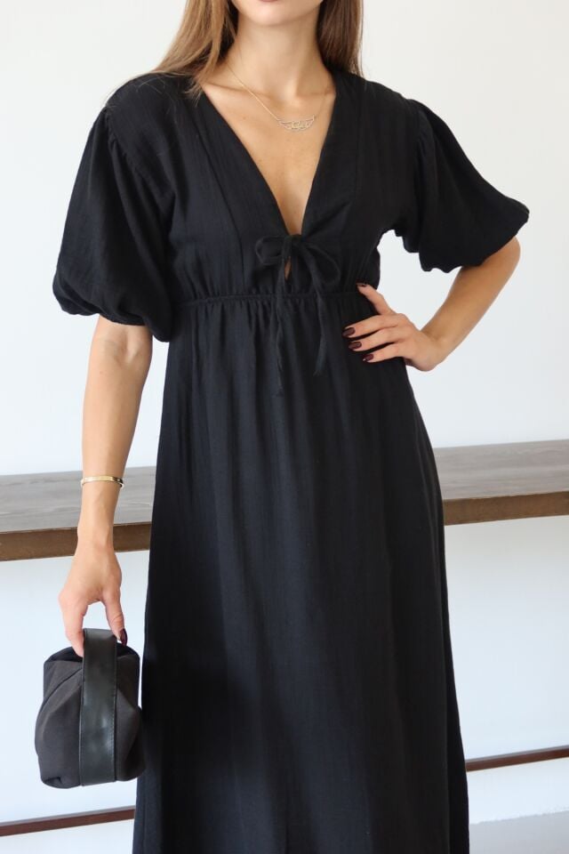 Balenbi Kadın Hafif Transparan Basic Önden Bağlamalı Müslin Elbise 1105 M - Siyah