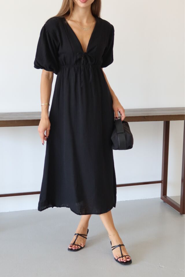 Balenbi Kadın Hafif Transparan Basic Önden Bağlamalı Müslin Elbise 1105 M - Siyah