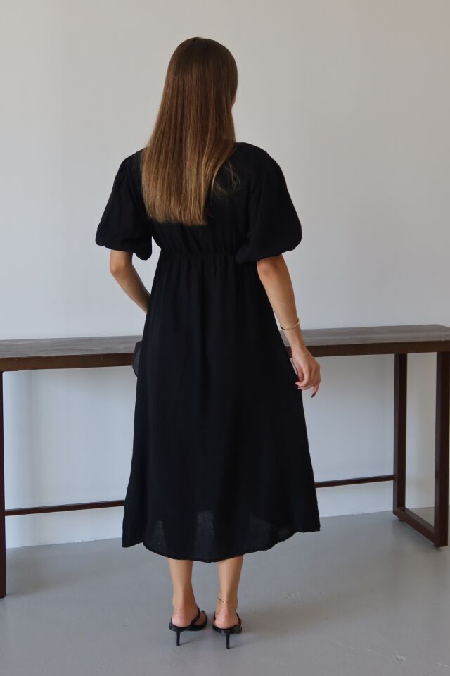 Balenbi Kadın Hafif Transparan Basic Önden Bağlamalı Müslin Elbise 1105 M - Siyah