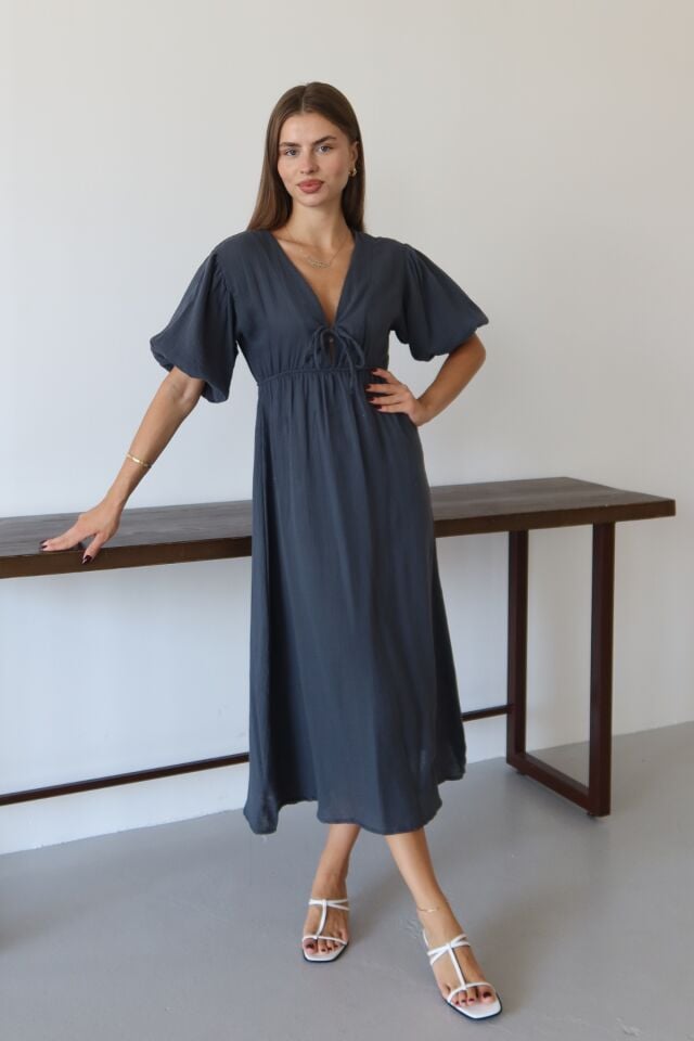 Balenbi Kadın Hafif Transparan Basic Önden Bağlamalı Müslin Elbise 1105 Antrasit - S