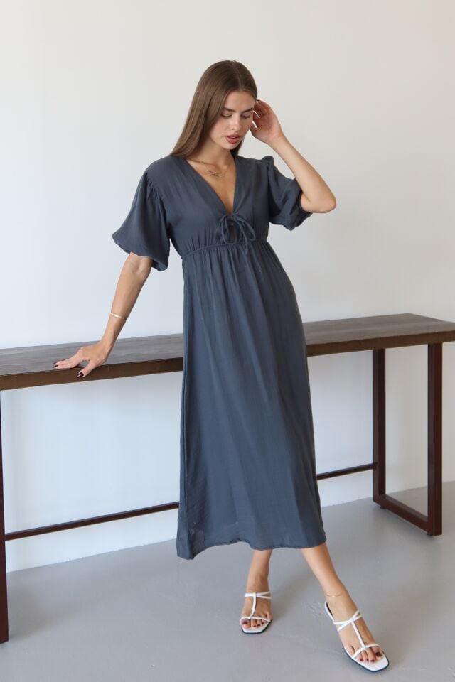 Balenbi Kadın Hafif Transparan Basic Önden Bağlamalı Müslin Elbise 1105 Antrasit - S