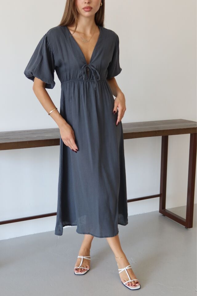 Balenbi Kadın Hafif Transparan Basic Önden Bağlamalı Müslin Elbise 1105 S - Antrasit