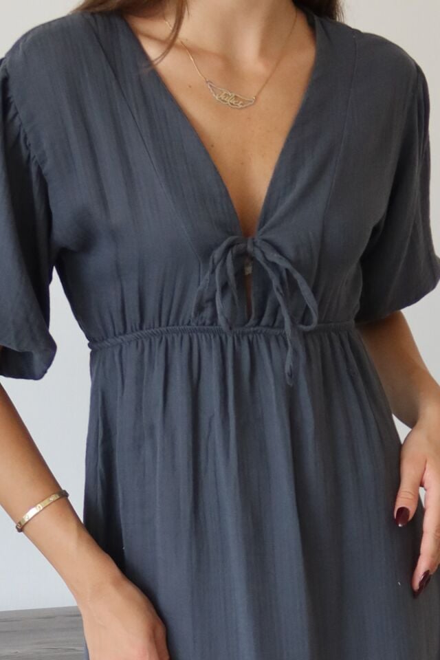 Balenbi Kadın Hafif Transparan Basic Önden Bağlamalı Müslin Elbise 1105 S - Antrasit